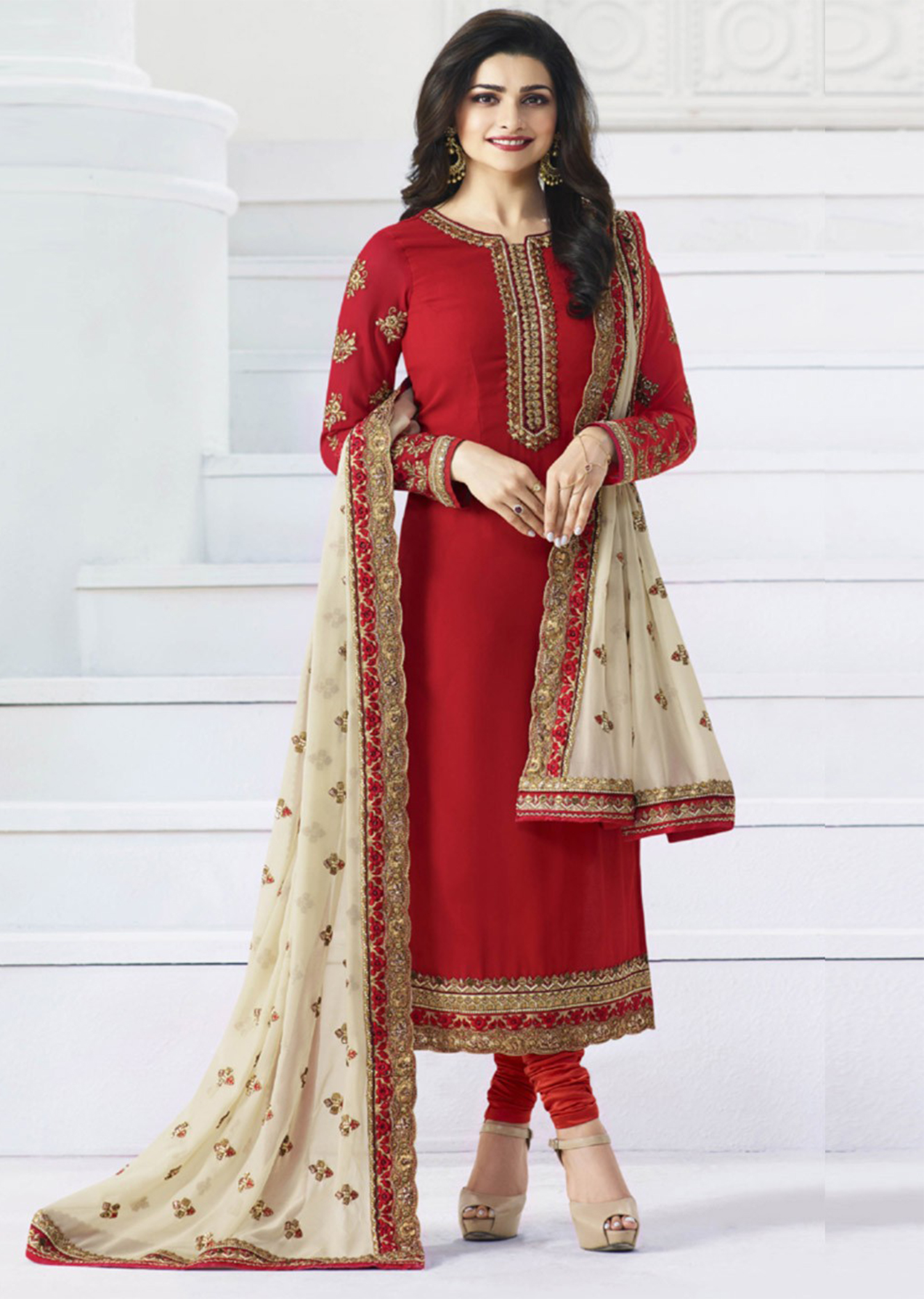 Chiffon Red Designer Salwars Suit, Dry Clean, 47% OFF